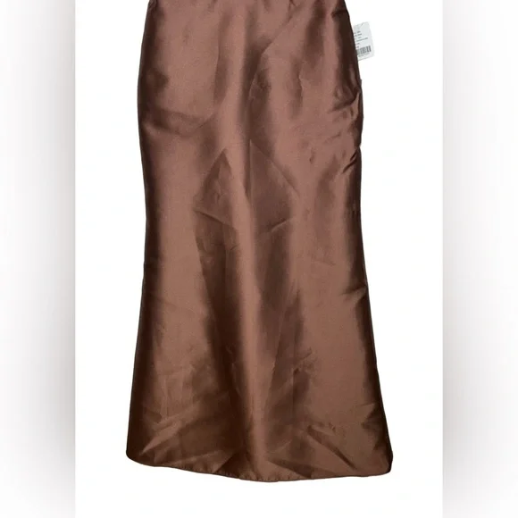 NWT Alfred Sung Deep V-Back Satin Trumpet Dress, One-Shoulder Bow in Cognac, 12R - Picture 9 of 16